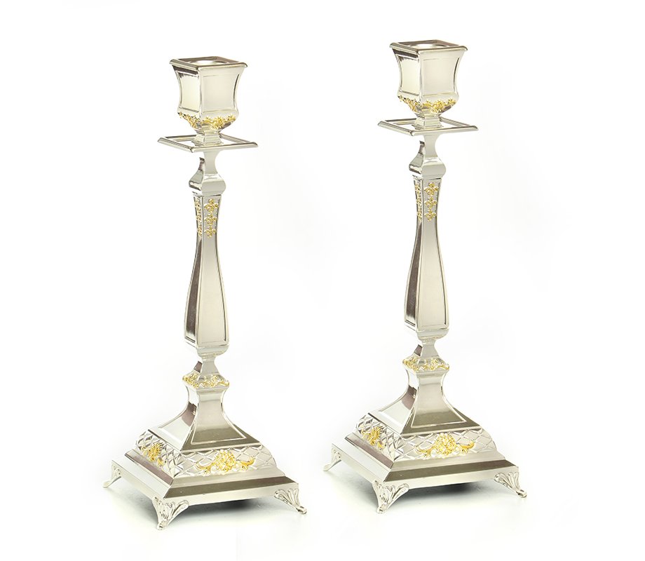Tall Shabbat Candlesticks, Silver Plated with Gold Elements - 14.1