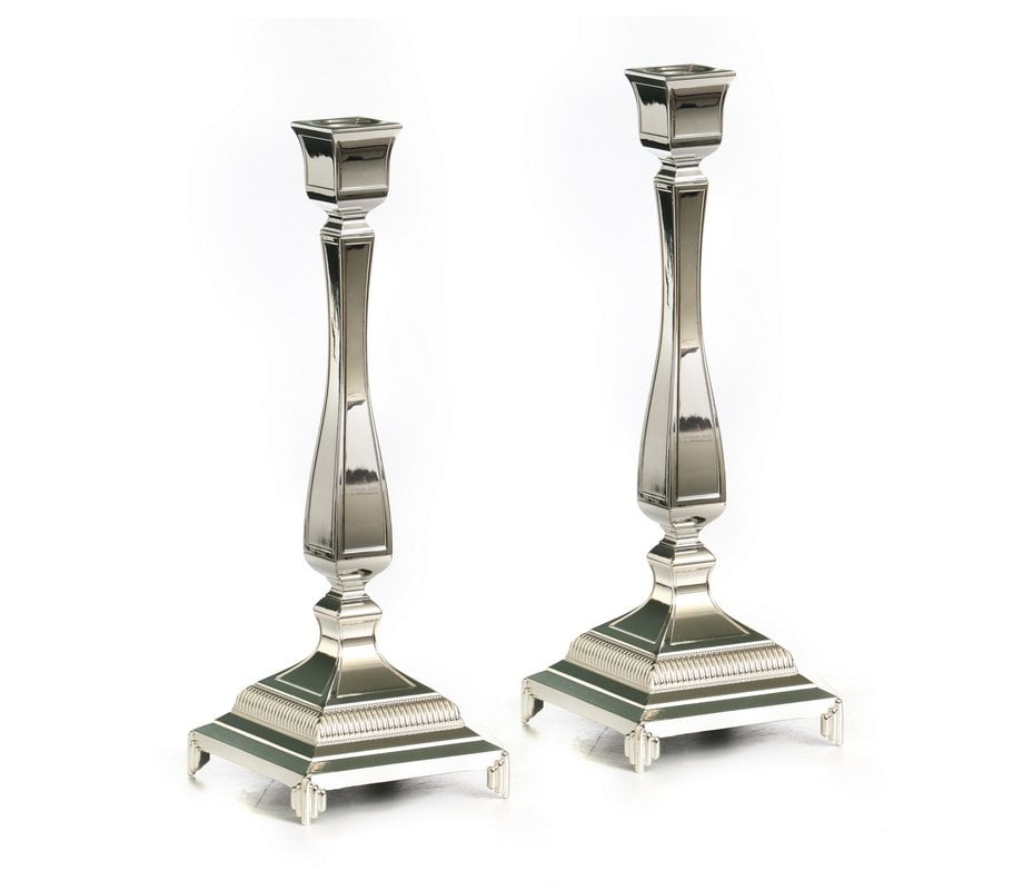 Tall Silver Plated Classic Square Candlesticks - Decorative Feet - 14.1