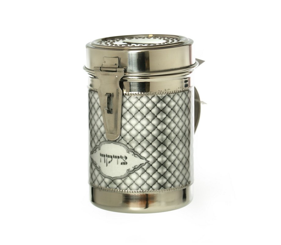 Tall Stainless Steel Charity Box with Handle, Gleaming Silver - Crisscross Design
