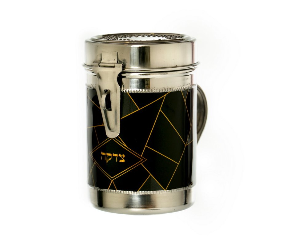 Tall Stainless Steel Charity Box with Handle, Random Lines Design - Gold on Black