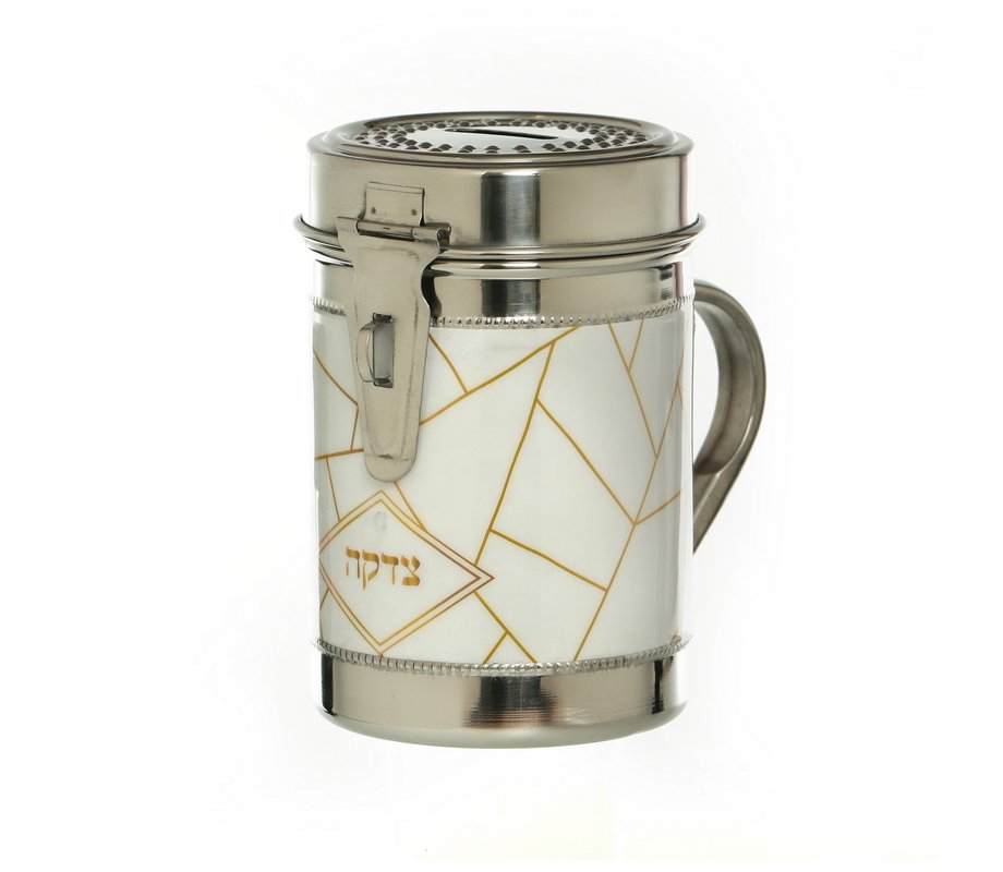 Tall Stainless Steel Charity Box with Handle, Random Lines Design - Gold on White