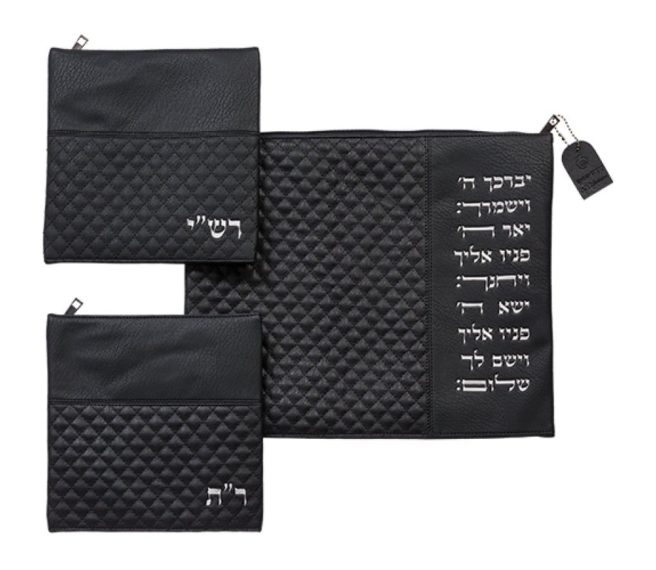Tallit Bag and 2 Bags for Rashi & Rabbeinu Tam Tefillin, Cohens Blessing - Black