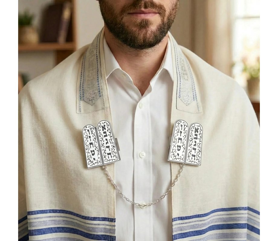Tallit Prayer Shawl Clips, Nickel Plated - Torah Tablets Swirling Design