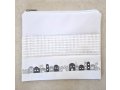 Tallit and Tefillin Bag, White Faux Leather  Silver and Gray Jerusalem Images