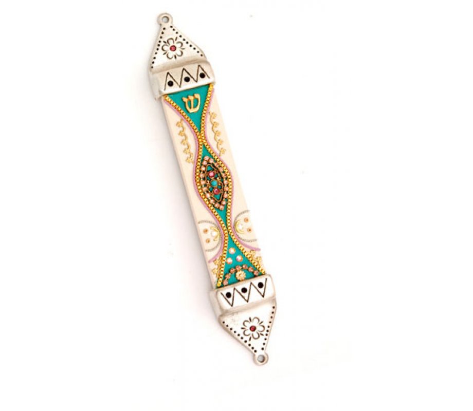 Teal & White Pewter Mezuzah by Ester Shahaf