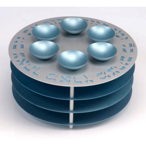 Teal-Silver Agayof 3 Layer Seder Plate