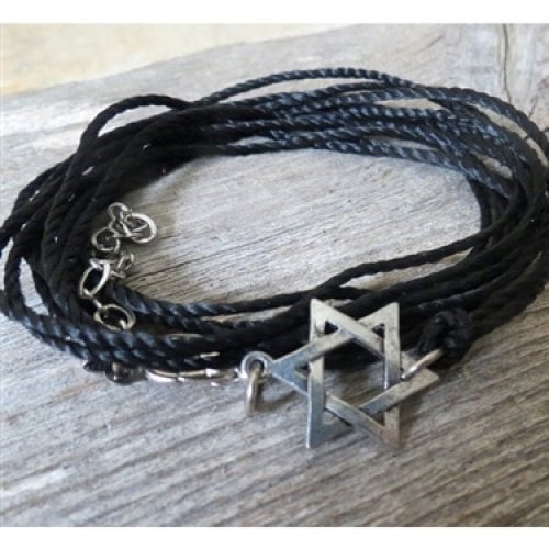 Thin Black Rope Bracelet with Silver Plated Star of David