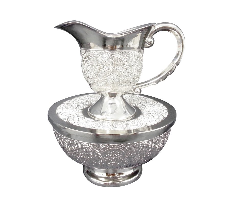 Three Piece Nickel Plated Mayim Achronim Set - Filigree Design