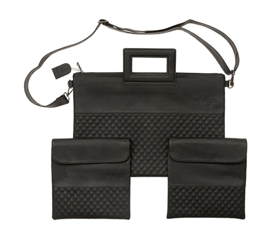 Three Piece Set, Tallit Bag with Strap & Two Tefillin Bags - Black Faux Leather