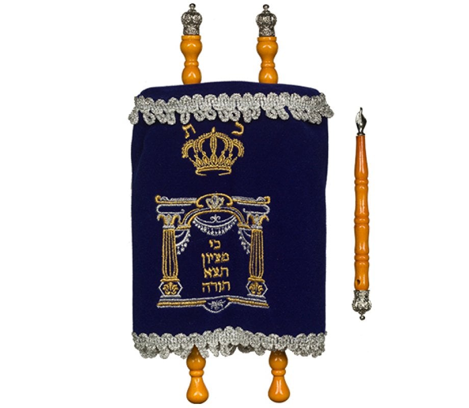 Torah Scroll for Children, Embroidered Blue Velvet Cover & Pointer - Small