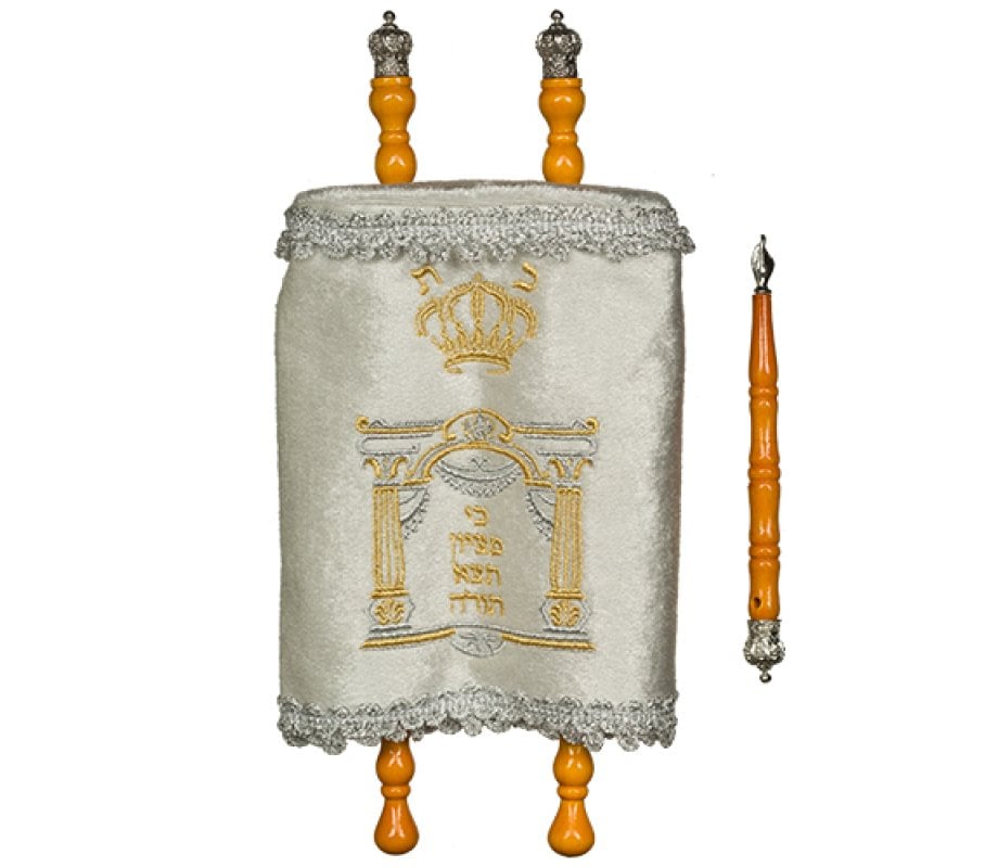 Torah Scroll for Children with Embroidered Velvet Cover & Pointer, White - Small