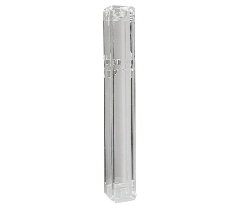 Transparant Plastic Waterproof Mezuzah Case with Words of Shema Prayer - Silver Shin