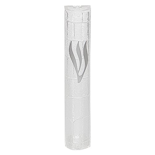 Transparent Plastic Mezuzah Case with Western Wall Design and Silver Shin