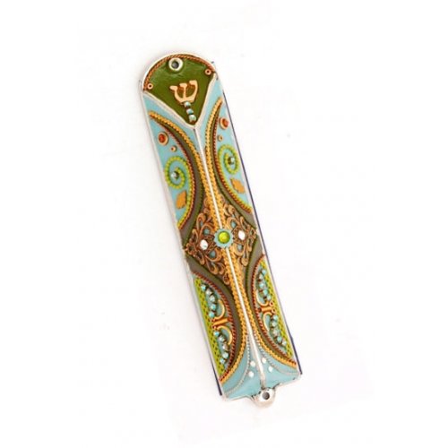 Triangle Pewter Mezuzah Green and Blue by Ester Shahaf