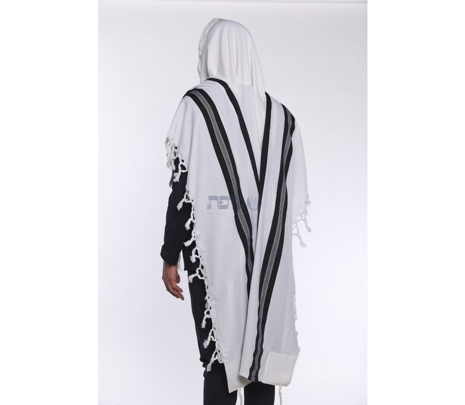 Turkish Style Wool Tallit Non Slip Prayer Shawl with Lining - Black Stripes