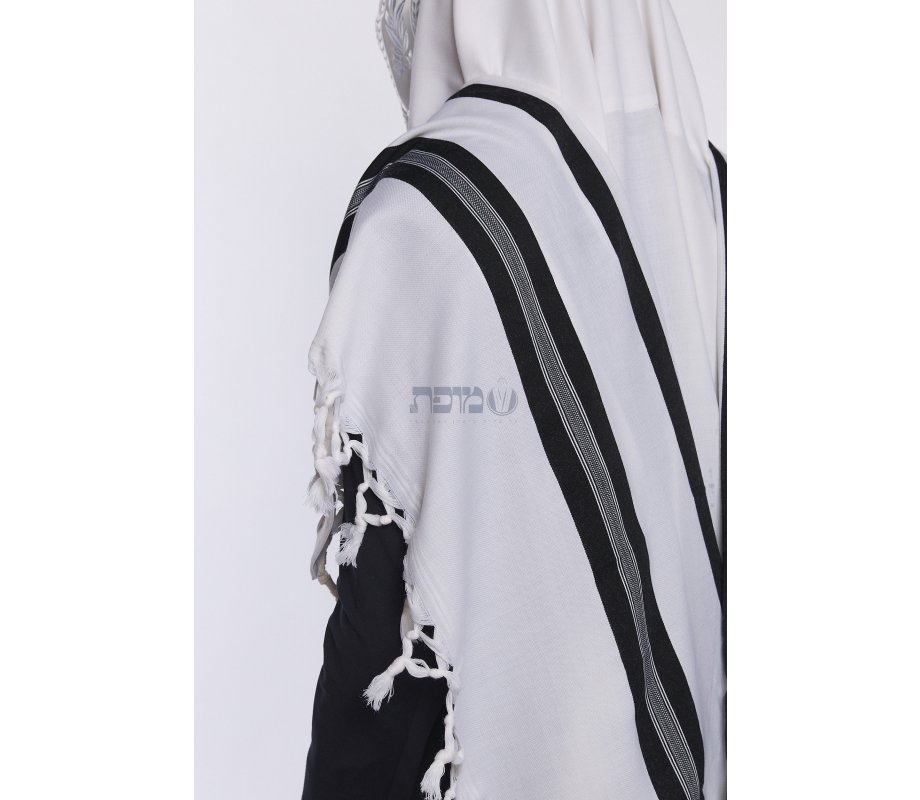 Turkish Style Wool Tallit Non Slip Prayer Shawl with Lining - Black Stripes