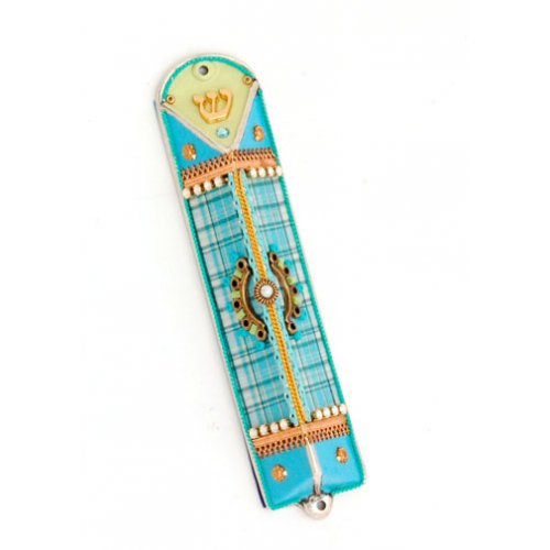 Turquoise Checker Triangular Mezuzah Case - Ester Shahaf