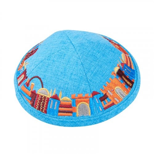 Turquoise Cloth Kippah with Attached Clip and Colorful Embroidered Jerusalem Design