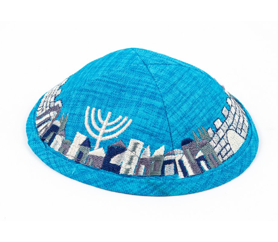 Turquoise Cloth Kippah with Attached Clip and Embroidered Jerusalem Design