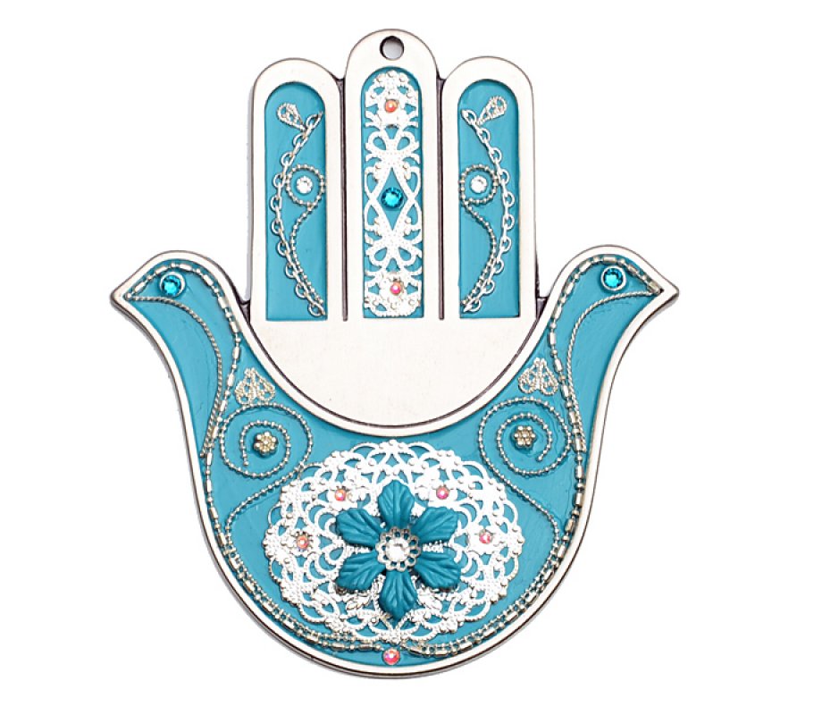 Turquoise Dove Wall Hamsa by Ester Shahaf