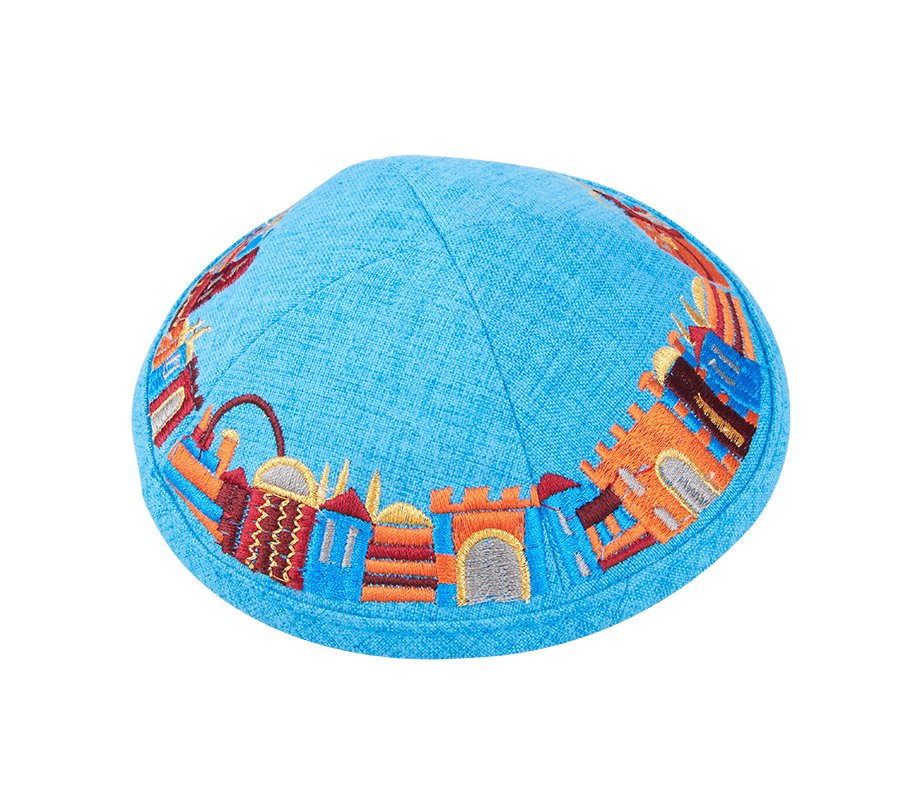 Turquoise Fabric Kippah with Embroidered Colorful Jerusalem Design - Hidden Clip