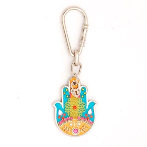 Turquoise Flower Hamsa Keychain by Ester Shahaf