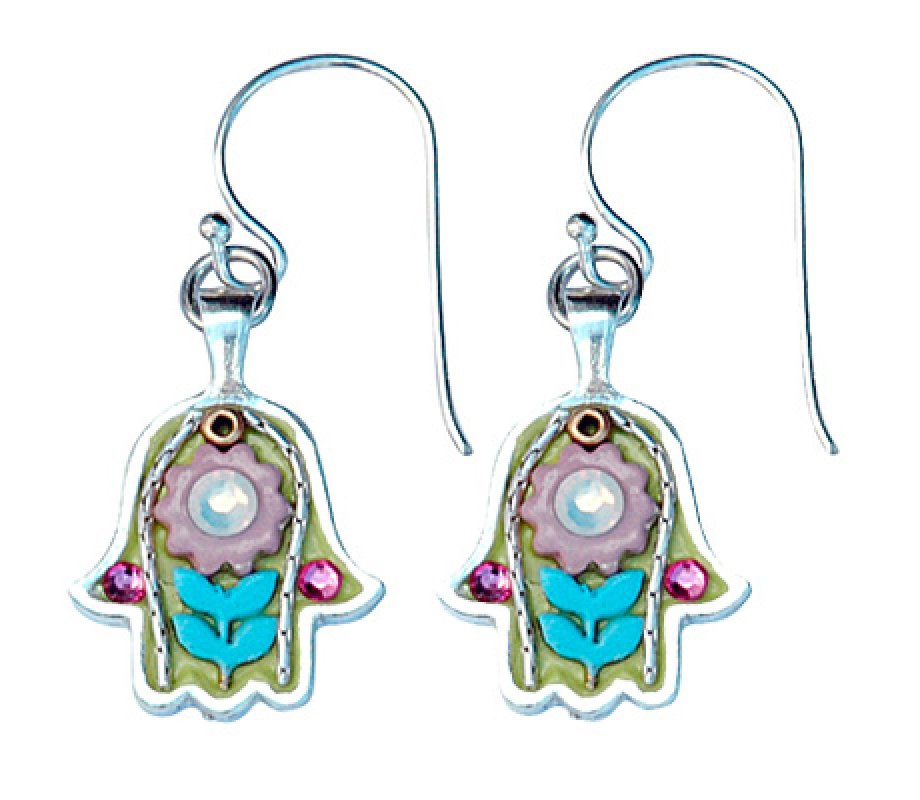 Turquoise-Green Silver Hamsa Earrings by Ester Shahaf