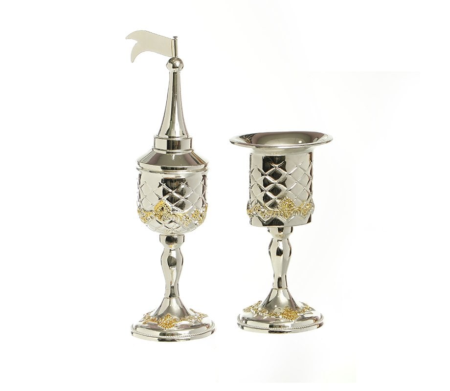 Two Piece Havdalah Set, Spice & Candle Holder - Silver Plated with Gold Elements