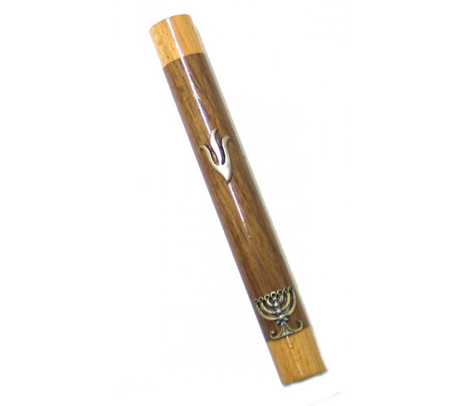 Two Tone Brown Wood Mezuzah Case with Shin and Menorah in Silver Pewter