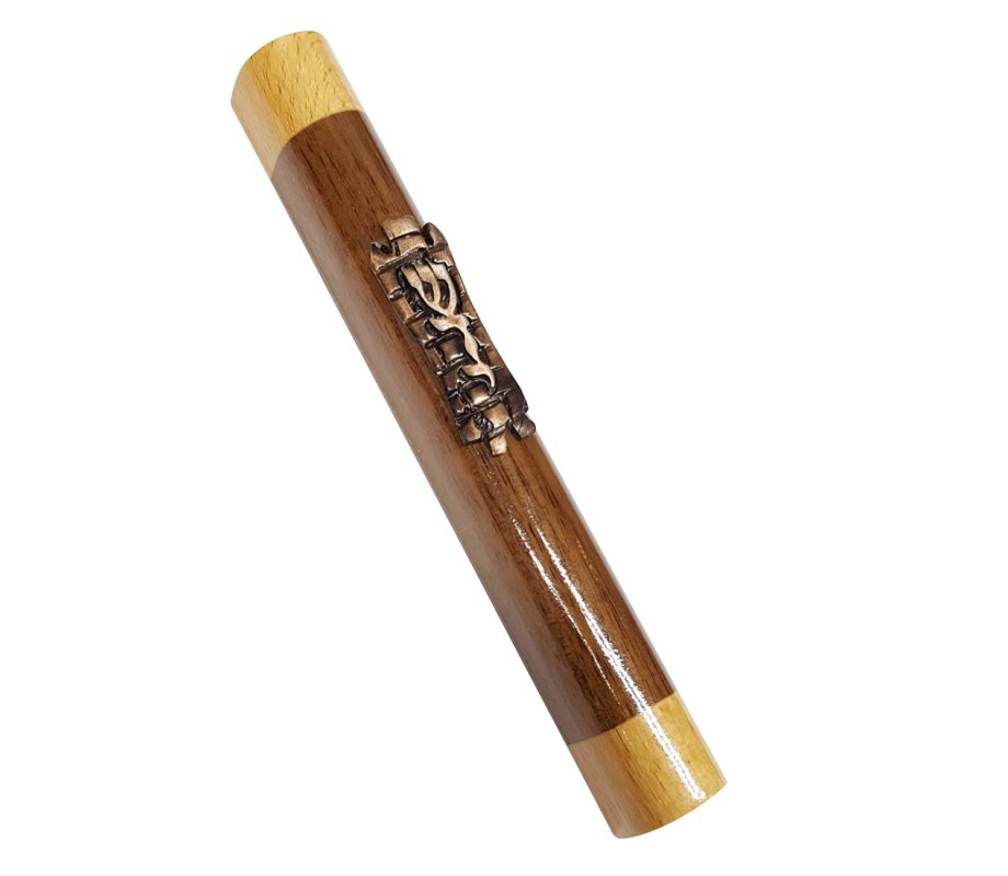 Two Tone Brown Wood Mezuzah Case - Bronze Pewter Western Wall with Divine Name