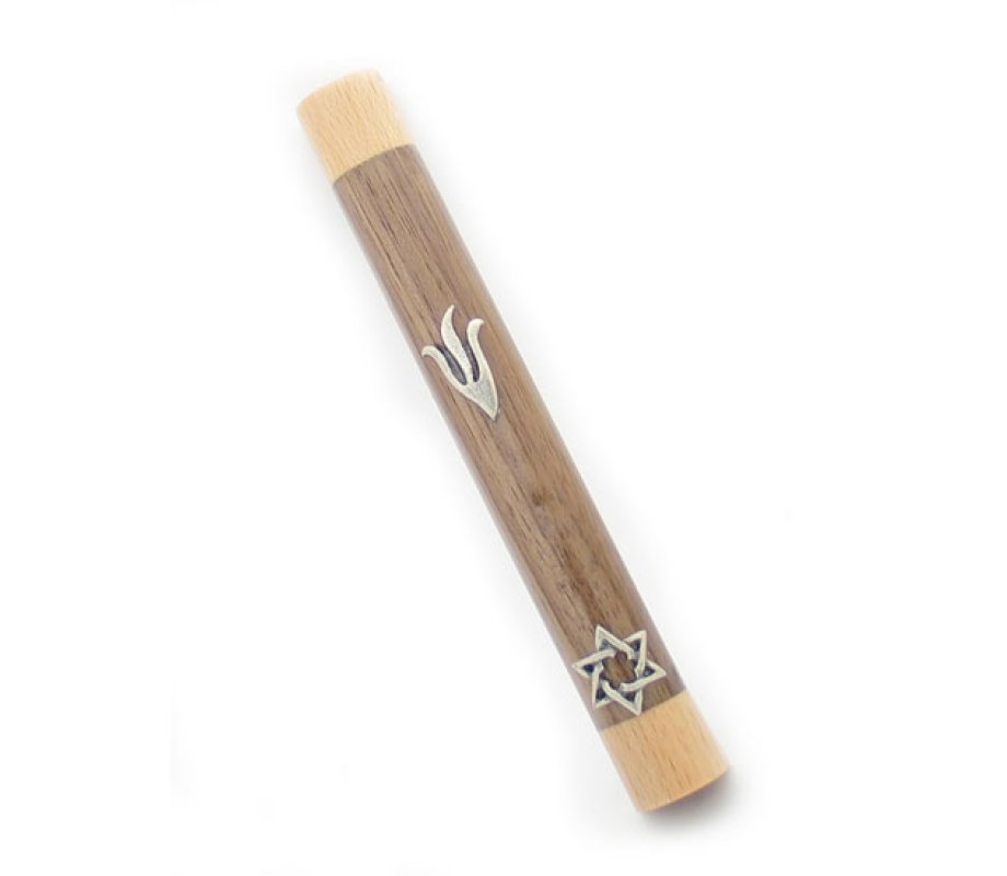 Two Tone Brown Wood Mezuzah Case  Silver Pewter Flame Shin and Star of David