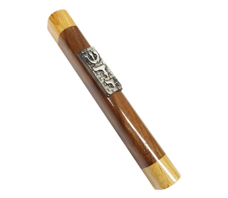 Two Tone Brown Wood Mezuzah Case, Silver Pewter Western Wall & Divine Name