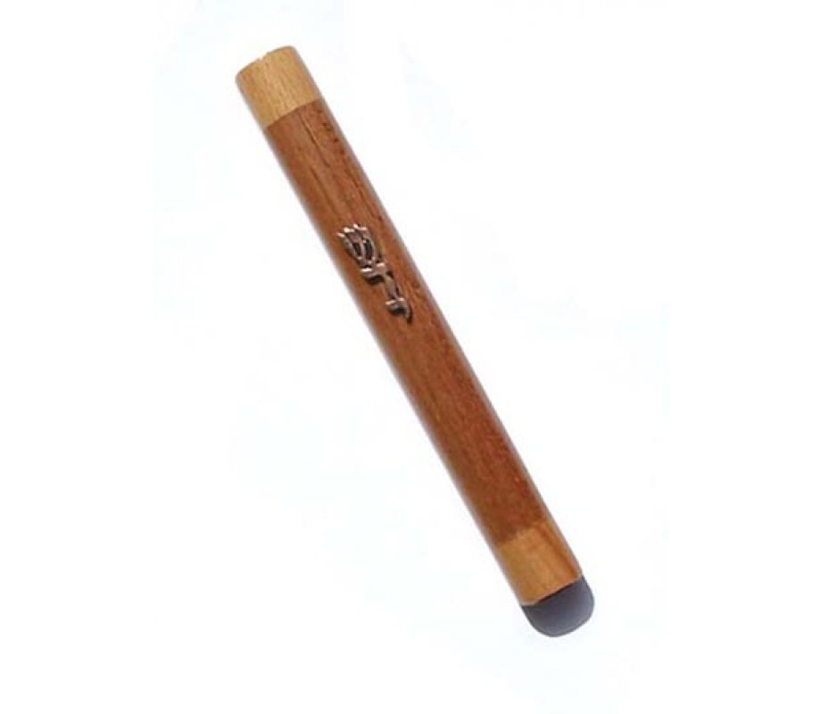 Two Tone Brown Wood Rounded Mezuzah Case - Divine Name in Bronze Pewter