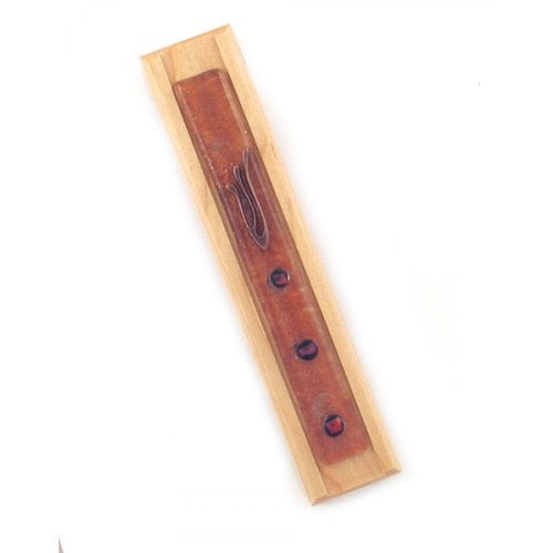 Two Tone Cherry Wood Mezuzah Case with Glass Decorations