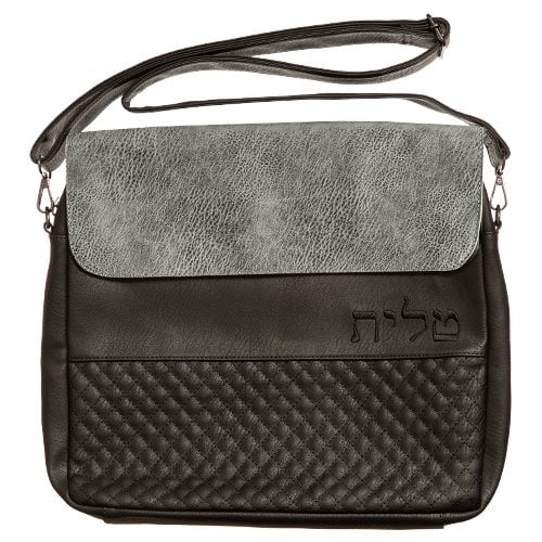 Two Tone Faux Leather Tallit Bag with Shoulder Strap - Black and Gray