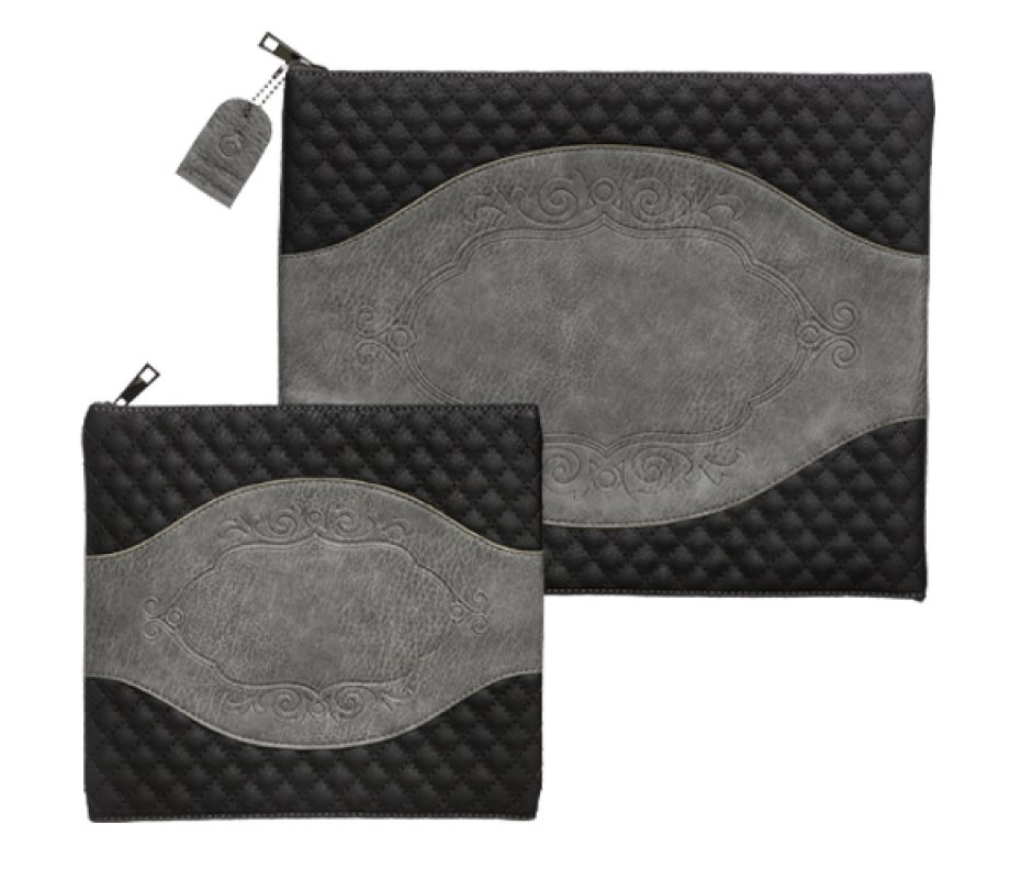 Two Tone Faux Leather Tallit and Tefillin Bag Set - Dark and Light Gray
