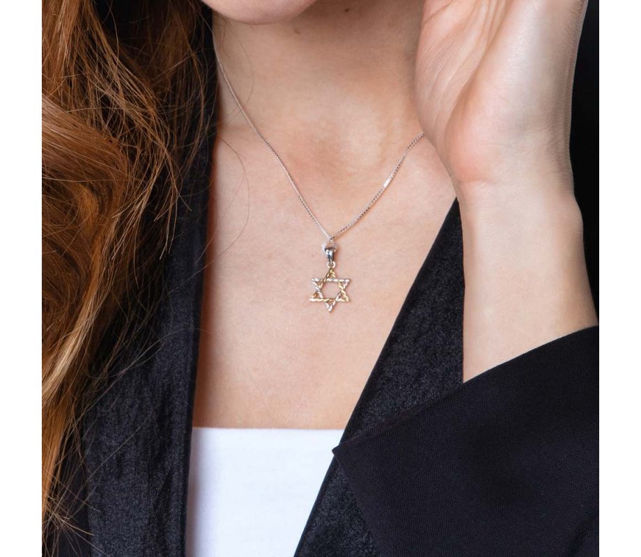 Two Tone Sterling Silver and Gold Plated Braided Star of David Pendant Necklace