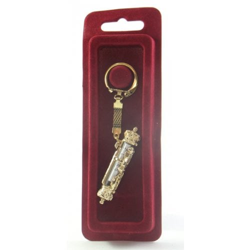 Two-In-One Gold Plated Car Mezuzah and Key Chain - Torah Scroll Design