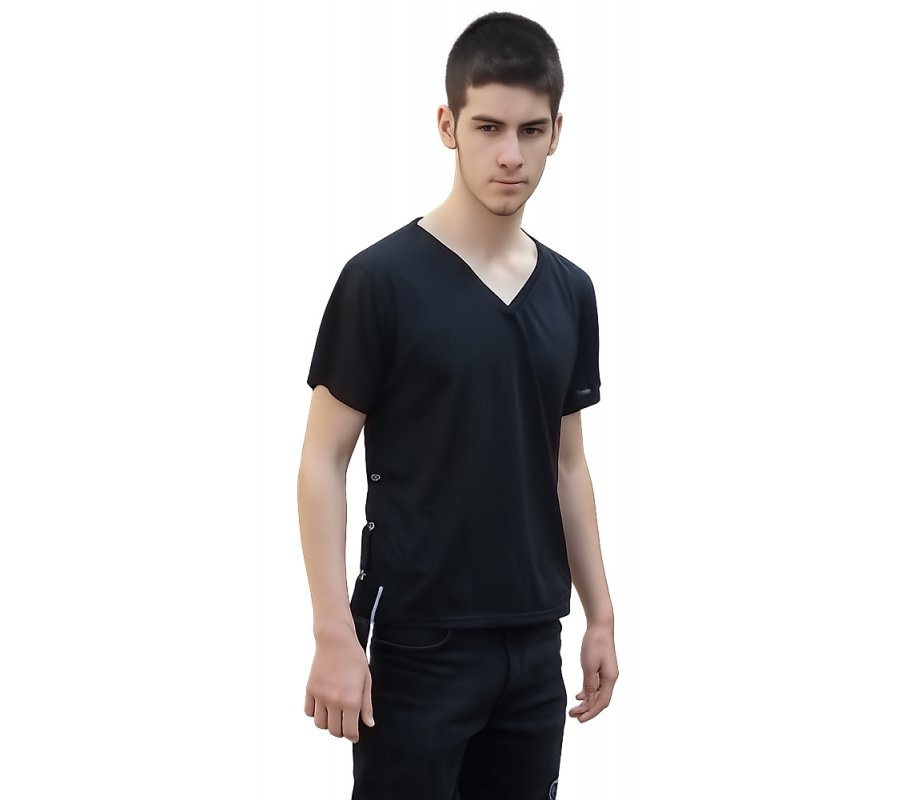 Tzitzit T-Shirt for Men with Kosher Tzitzis, Black - V Neck, Short Sleeve Cotton Blend