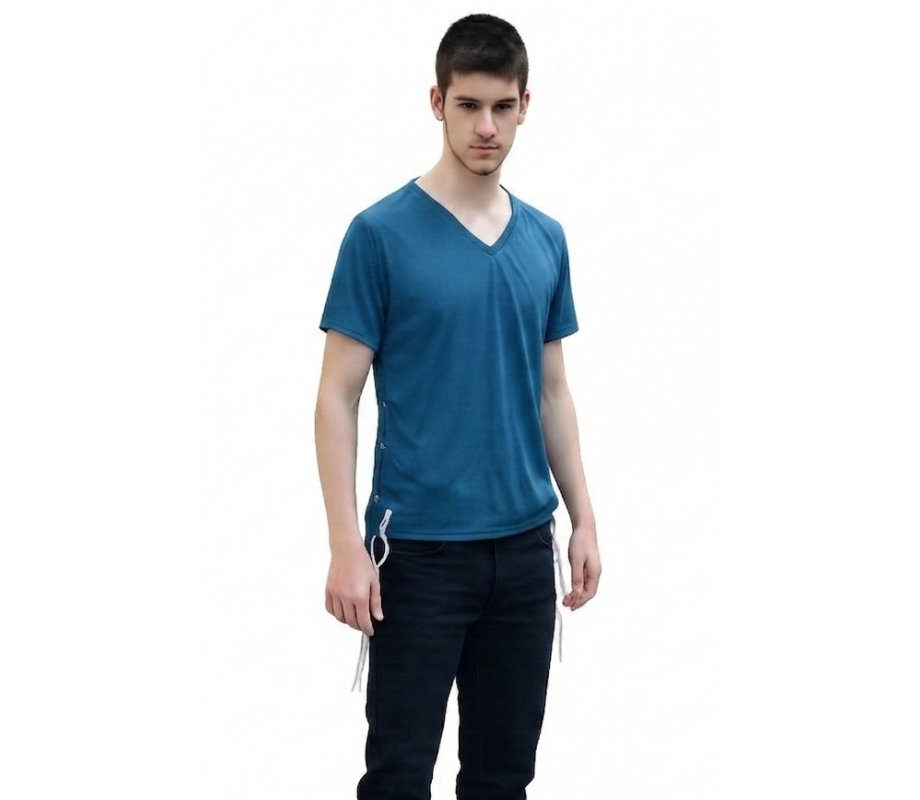 Tzitzit T-Shirt for Men with Kosher Tzitzis, Blue - Short Sleeve Cotton Blend