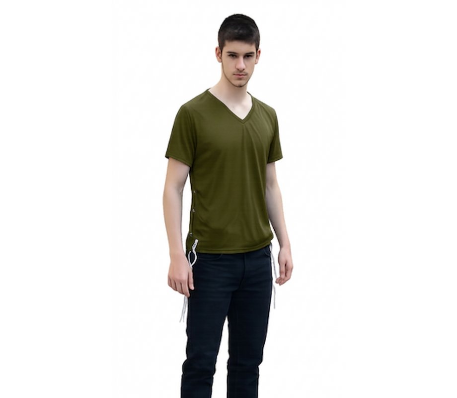 Tzitzit T-Shirt for Men with Kosher Tzitzis, Khaki - V Neck, Short Sleeve Cotton Blend