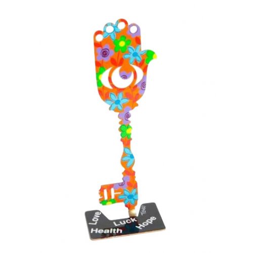 Tzuki Art Hand Painted Flower-Decorated Key Hamsa on Stand - Orange and Green