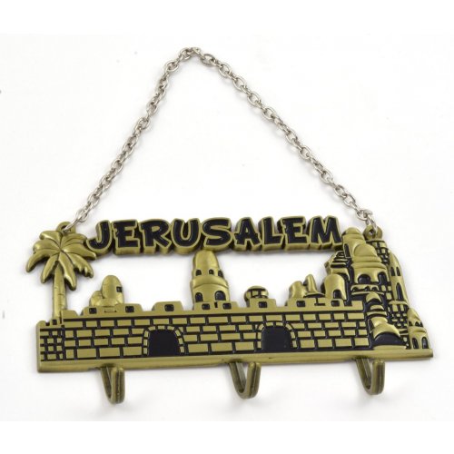Wall Key Hanger with Chain, Jerusalem Landscape - Gold and Black
