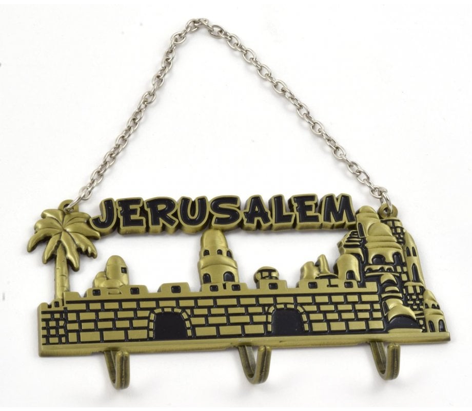 Wall Key Hanger with Chain, Jerusalem Landscape - Gold and Black