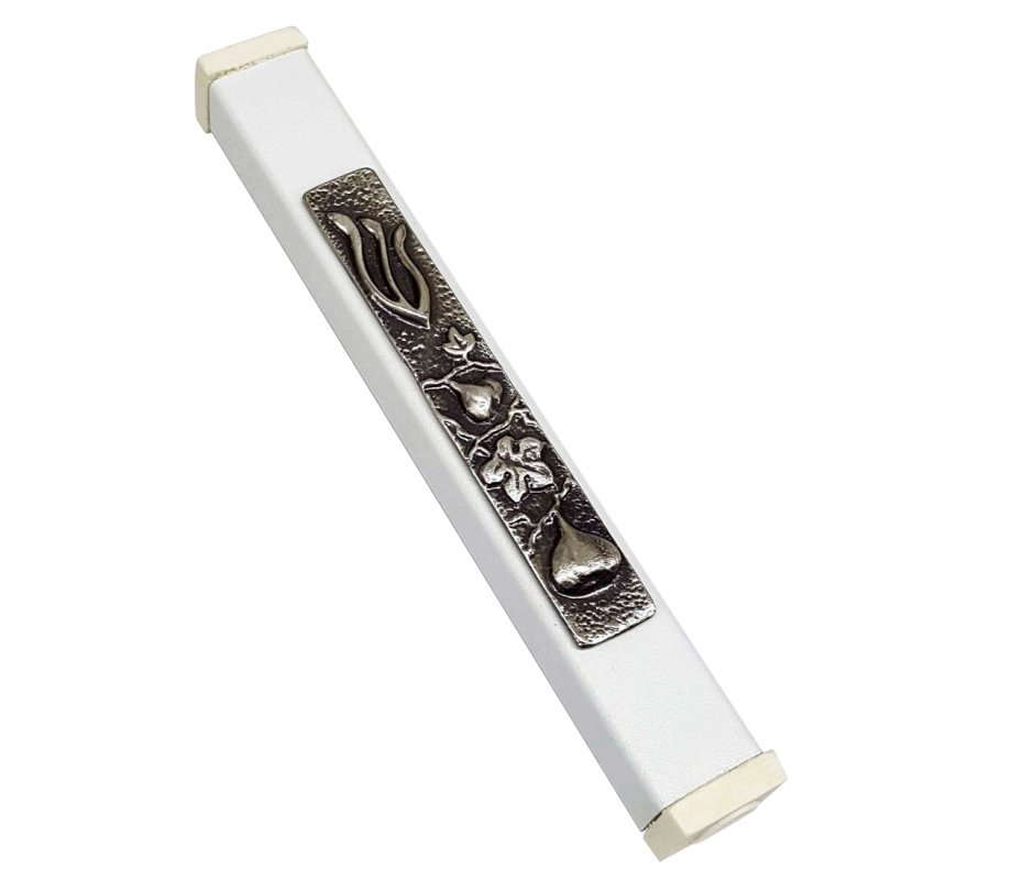White Aluminum Mezuzah Case Elongated Shin - Figs Motif