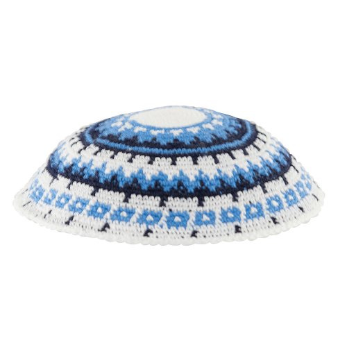 White DMC Knitted Kippah with Blue, Black and White Design