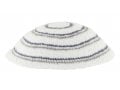 White DMC Knitted Kippah with Narrow Gray and Blue Circular Stripes