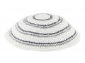 White DMC Knitted Kippah with Narrow Gray and Blue Circular Stripes