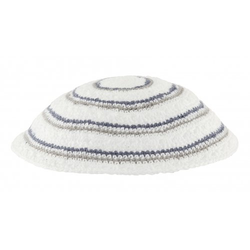 White DMC Knitted Kippah with Narrow Gray and Blue Circular Stripes