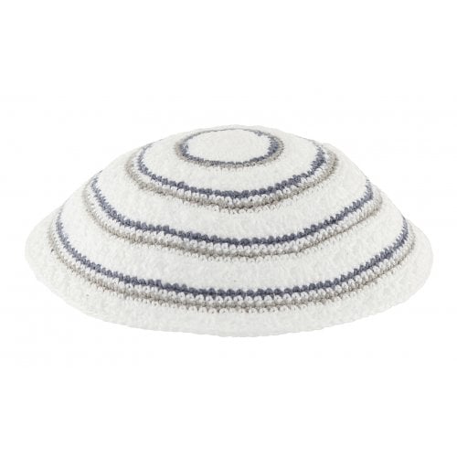 White DMC Knitted Kippah with Narrow Gray and Blue Circular Stripes